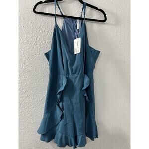 Foteisy Women's Romper Shorts Size L‎ Ruffle Front Adjustable Strap Teal Lined